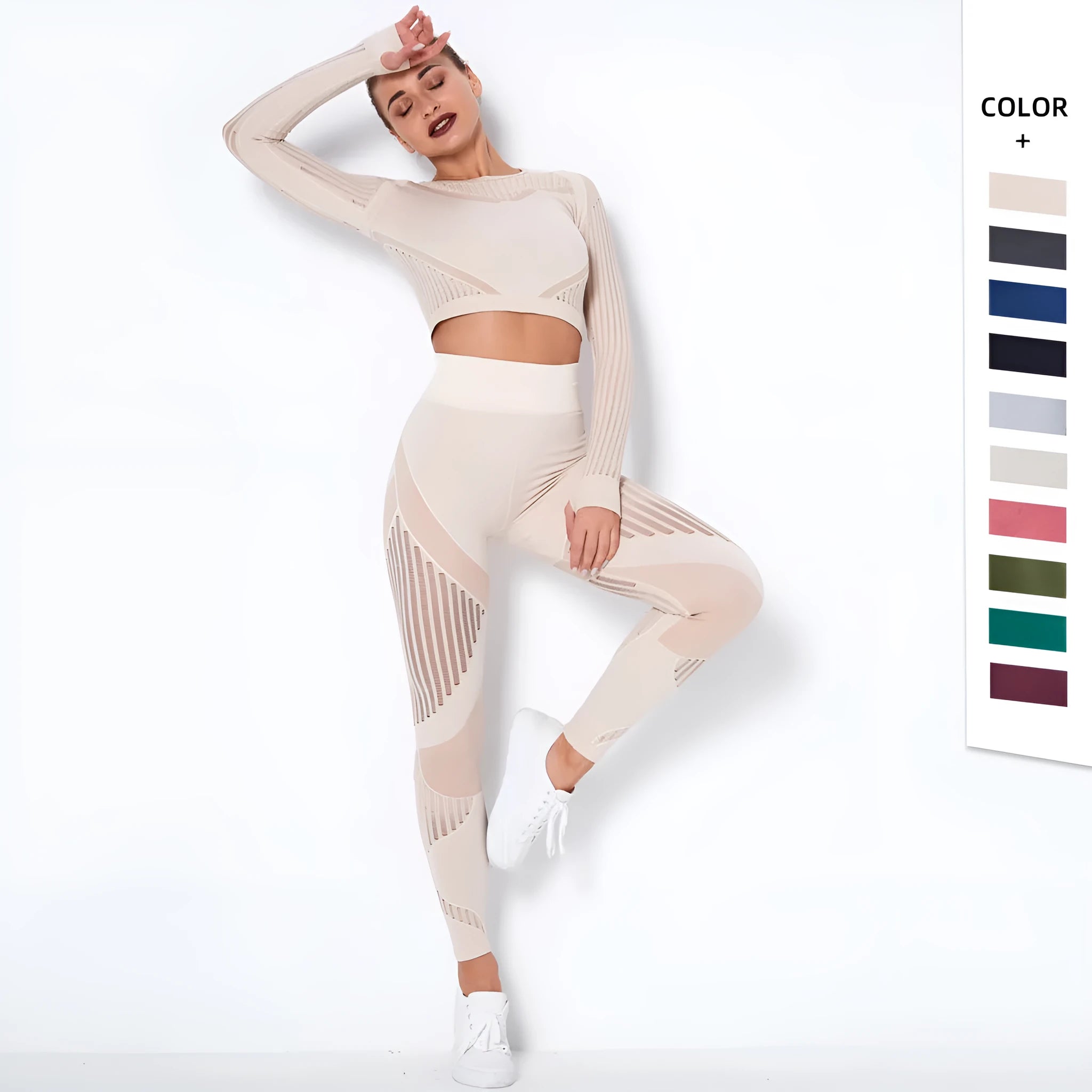 Women's seamless knitted long-sleeved yoga suit in multiple colour options.