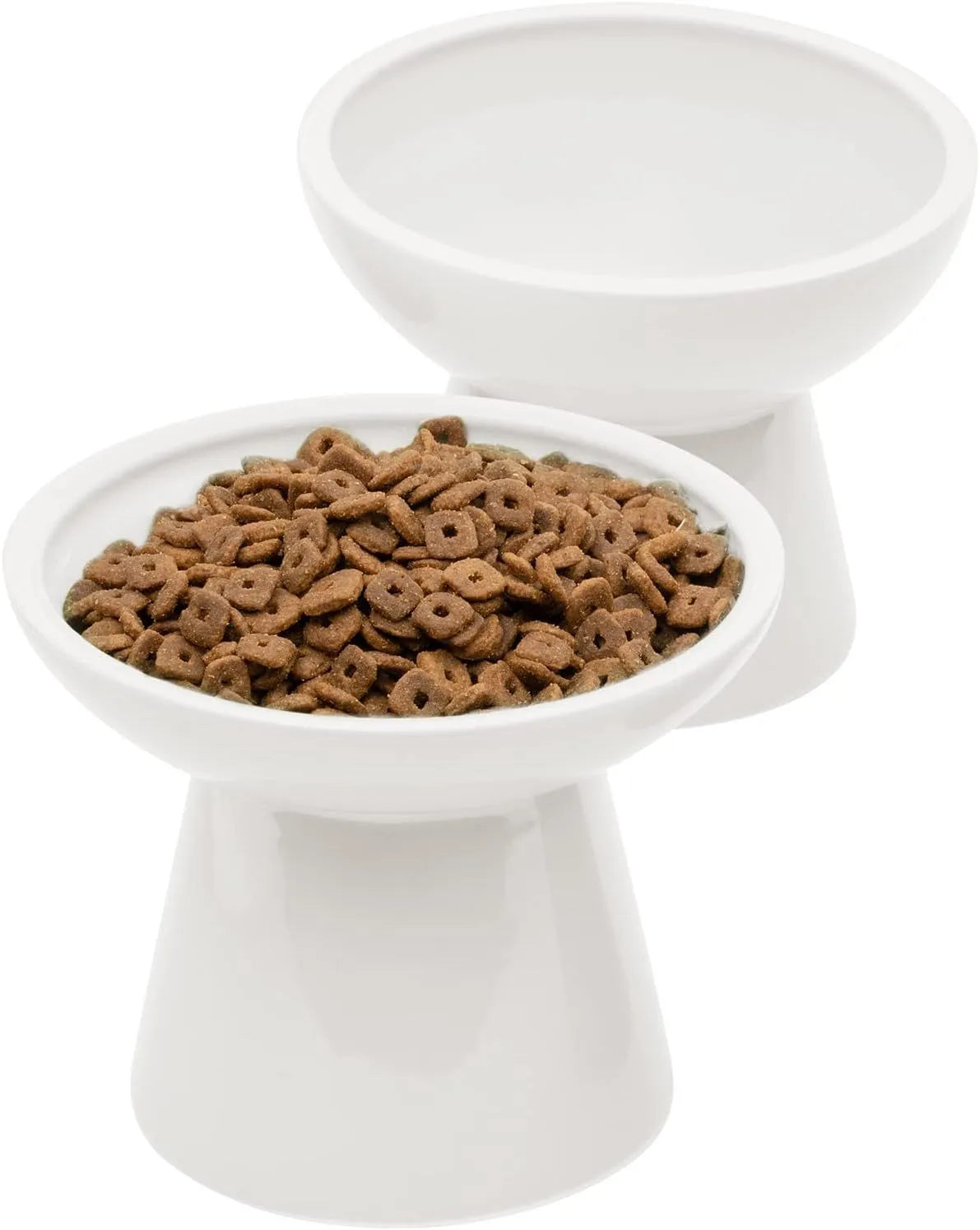 Blue elevated ceramic cat bowl with wide shallow dish on a white background.
