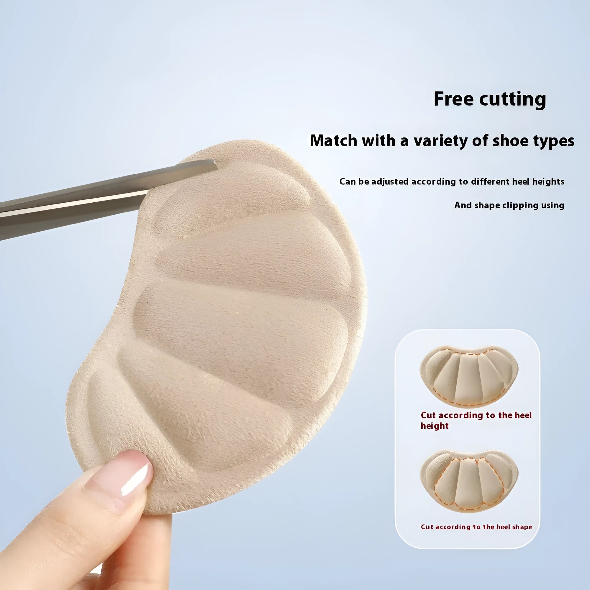 Three pairs of camel-coloured suede heel cushion pads for women's shoes on a white background.