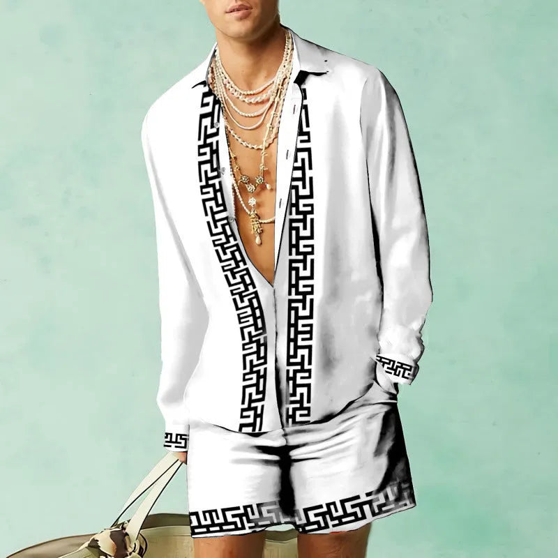 Mens casual summer outfit with long sleeve shirt and matching shorts in slim fit