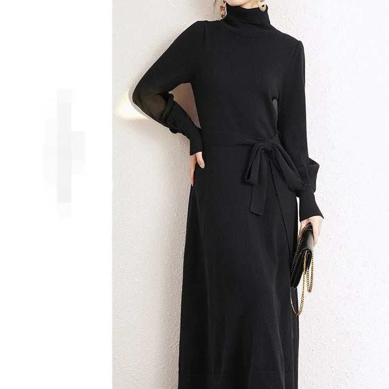Women's rose red turtleneck long sleeve knit dress with elastic waist and loose mid-length skirt.
