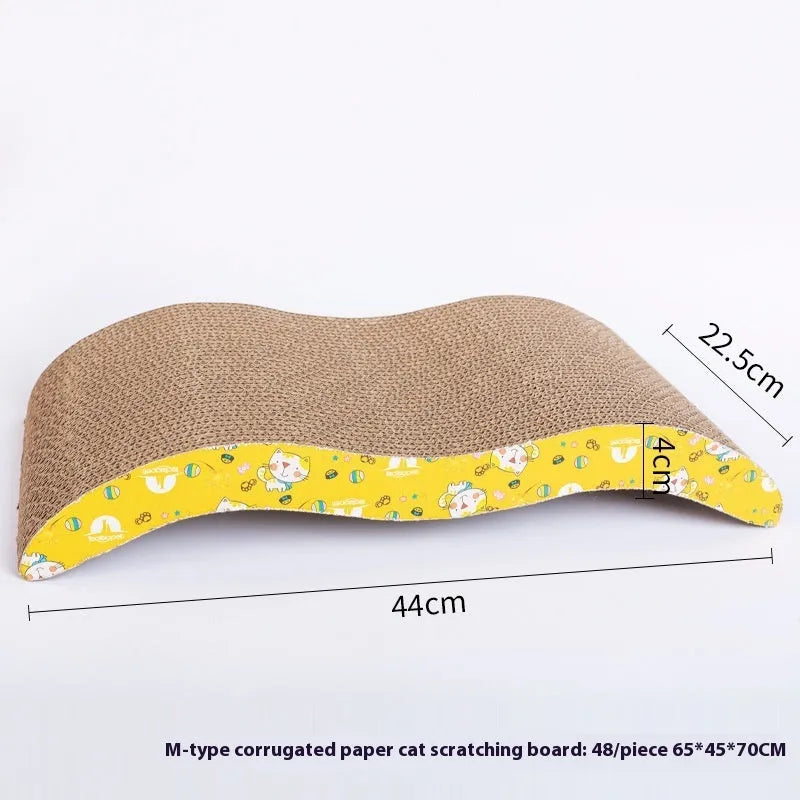 Corrugated paper cat scratch board shown in bone shape and other styles including M-type and wavy.