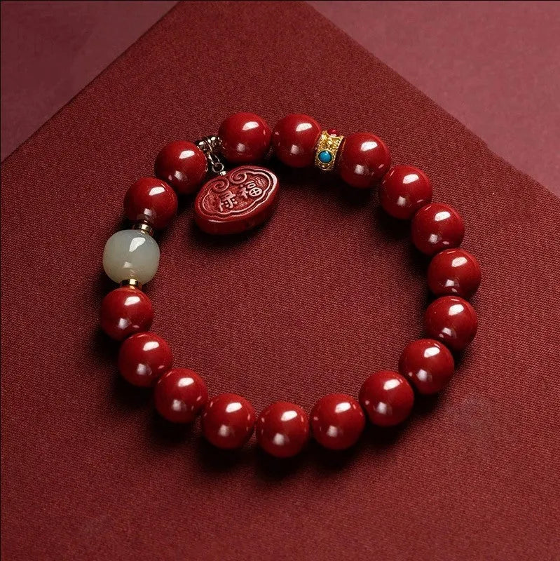 Natural cinnabar Emperor sandstone Ping An Fu Lu bracelet with 8mm or 10mm bead options