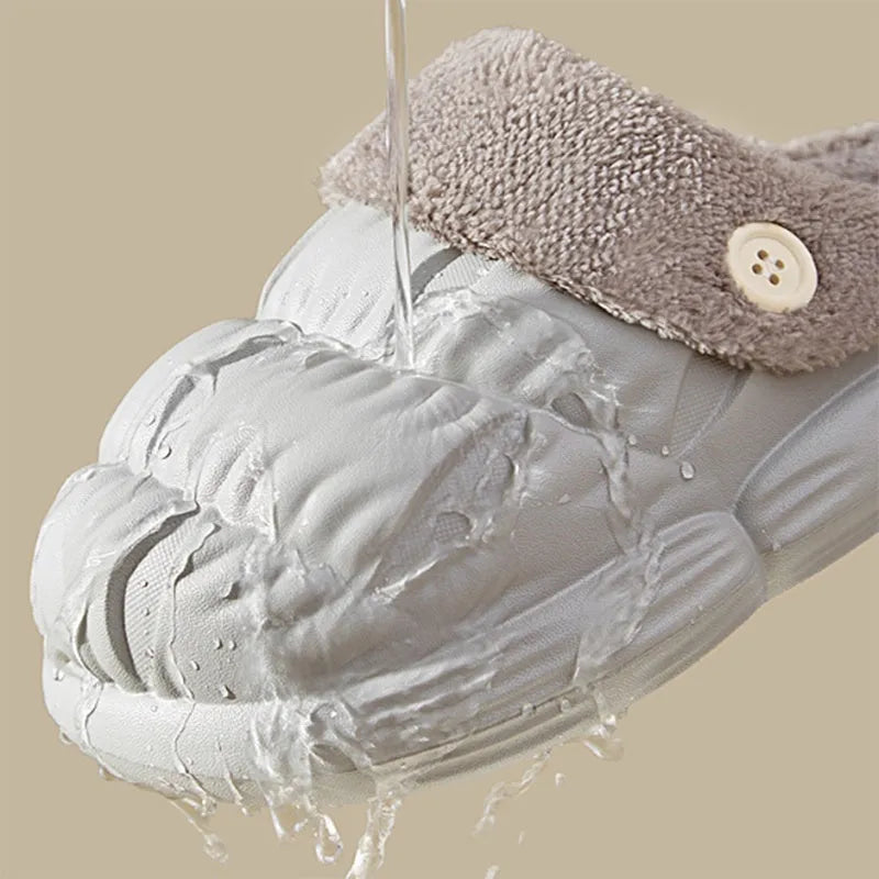 Removable fluffy slippers with EVA upper, non-slip plastic sole, and Velcro fastening in beige