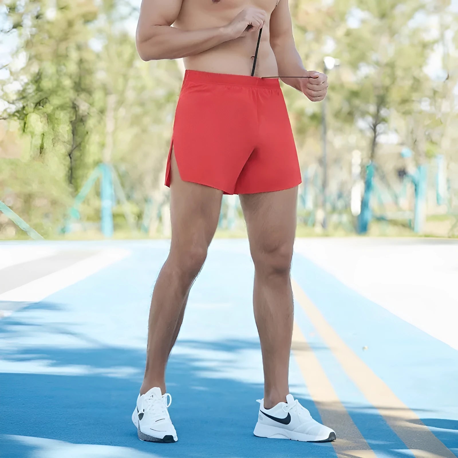 Men's off-road running shorts in red, black, navy blue, or grey with high waist design