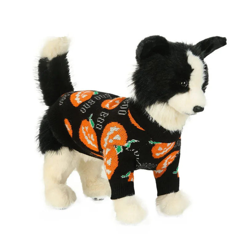 Black Halloween dog sweater with orange knitted pumpkin pattern costume