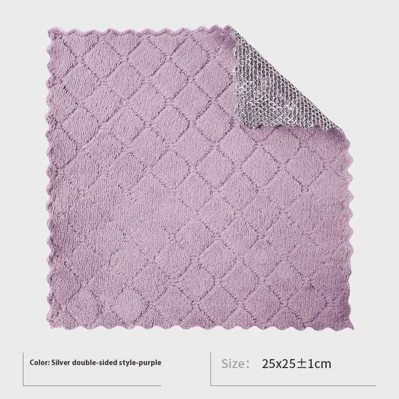 Silver steel wire and microfiber double-sided cleaning rag for scrubbing pots and wiping bowls.