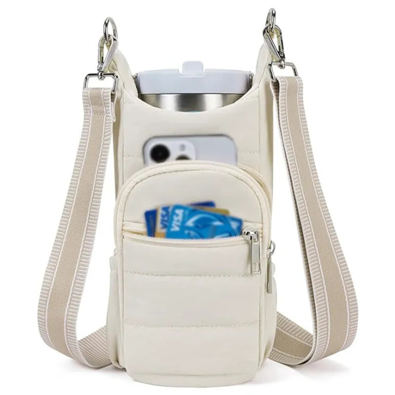 Water bottle kettle bag designed for bicycle mounting in black, pink, or beige cloth construction