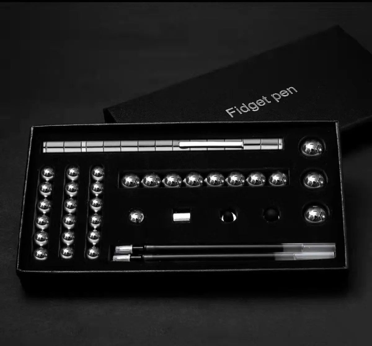Magnetic modular pen with 13 rings, 12 steel balls, 3 refills, and capacitive head in silver iron box
