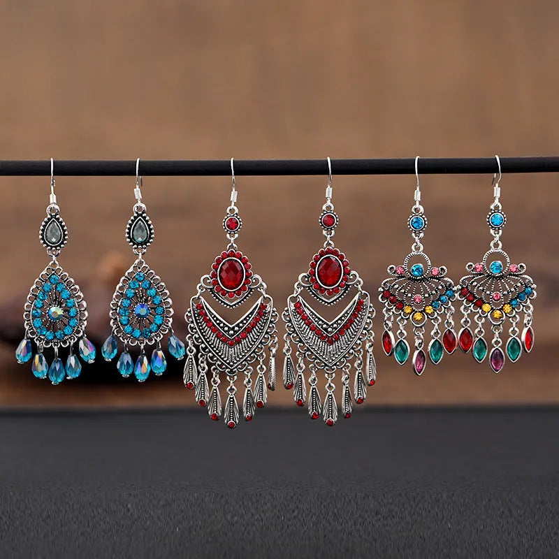 Retro crystal long fringe earrings in drop shape with smart water drop purple colour