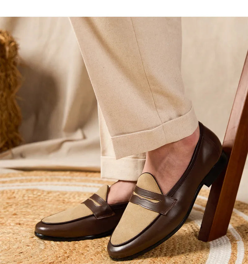 Men's coffee grey suede leather loafers in British style with a slip-on design