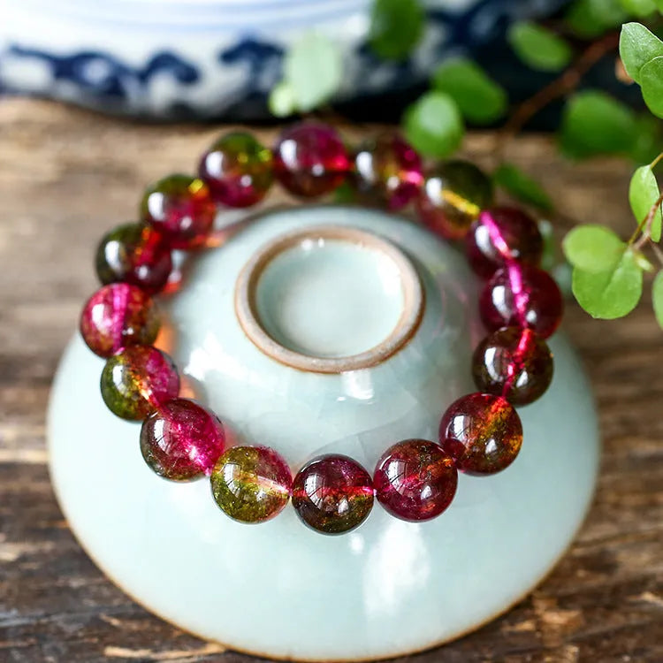 Handcrafted watermelon crystal bracelet for women showing different bead size options.