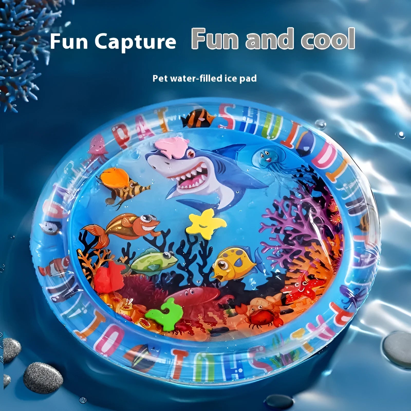 Inflatable PVC water cooling mat for pets on a blue background.