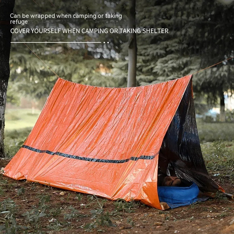 Orange portable disaster relief tent with emergency blanket showing 240cm × 150cm dimensions