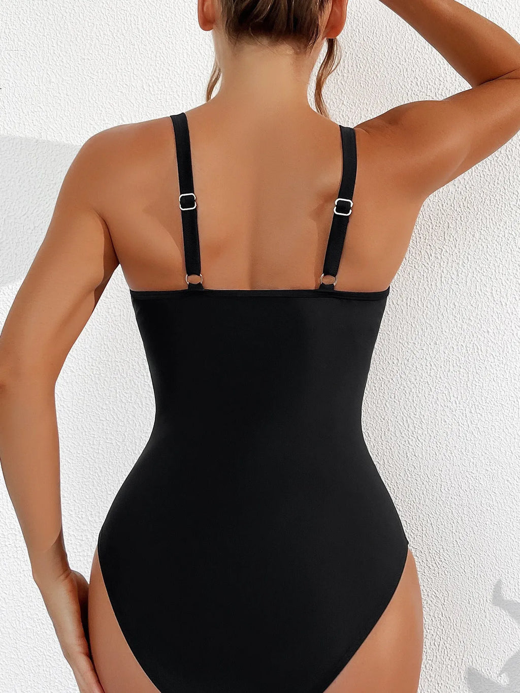 Black mesh halter one-piece swimsuit for women with briefs cut in nylon fabric