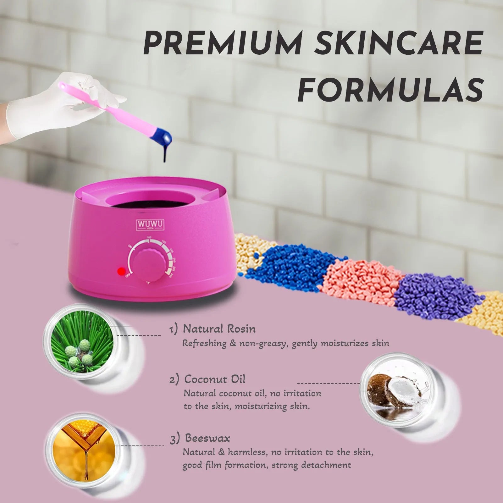 Professional 52-piece waxing kit with wax warmer, five natural wax beans, tools, and post-care products