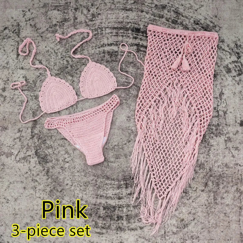 3-piece crochet bikini swimsuit set with matching beach skirt in solid colour