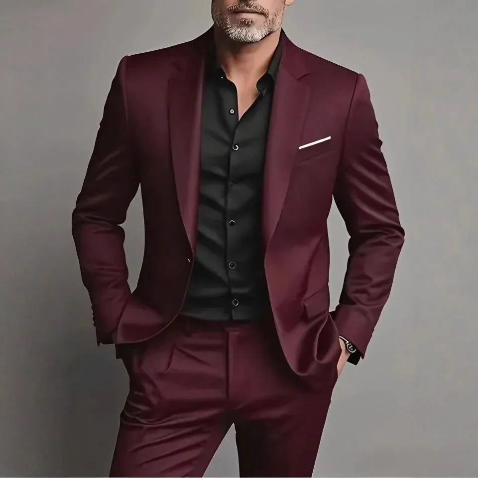 Men's slim fit two-piece suit set in black cotton blend fabric with coat and trousers