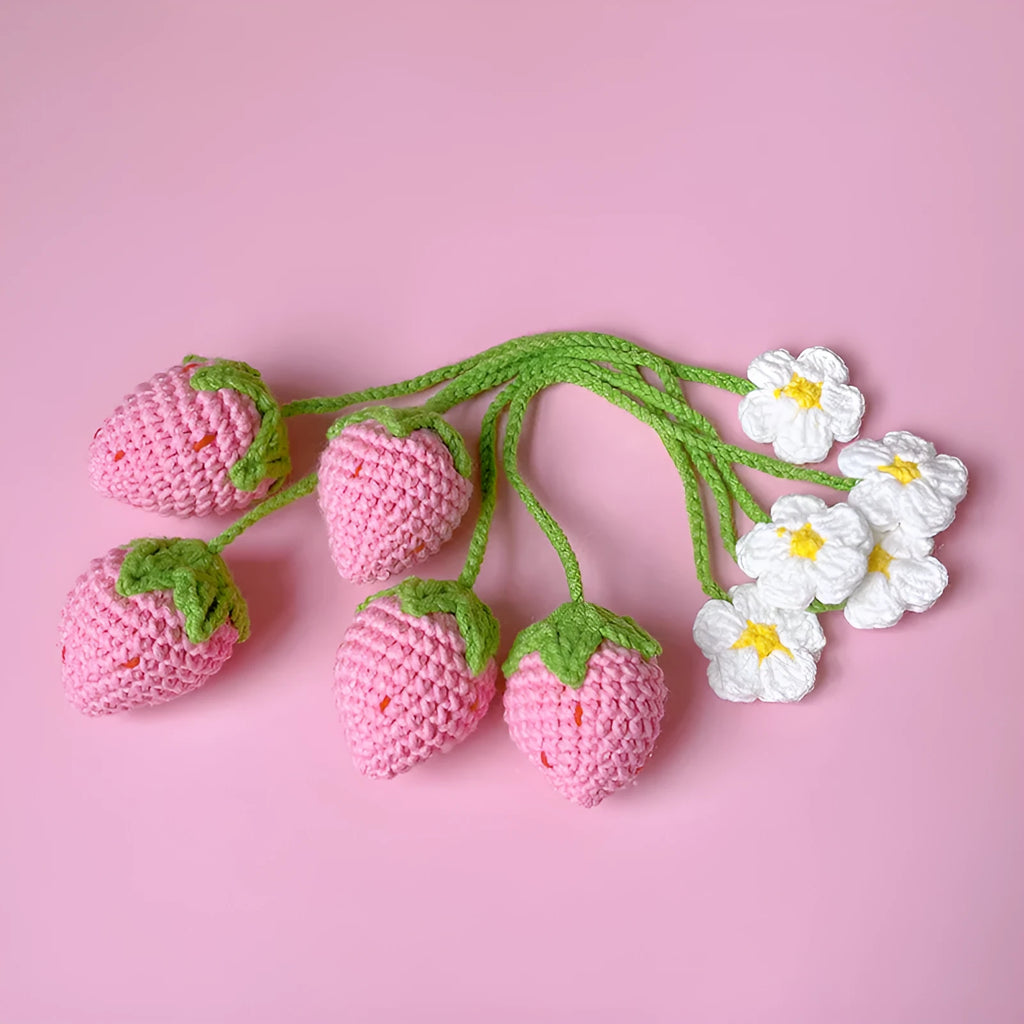 Wool crochet strawberry pendant necklace in pink or red colour with 35cm length
