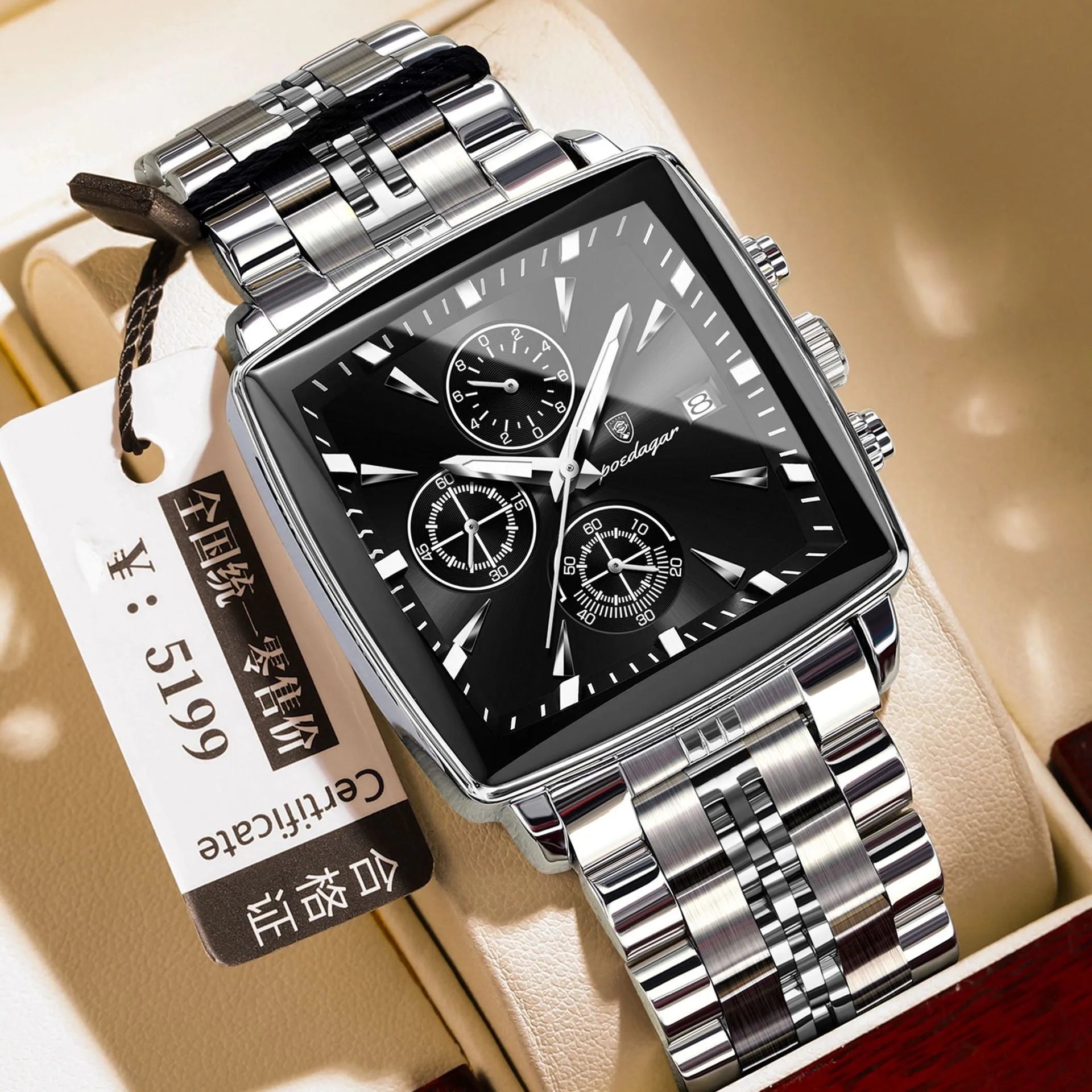 Men's square business watch with stainless steel strap and butterfly clasp in various colour options.