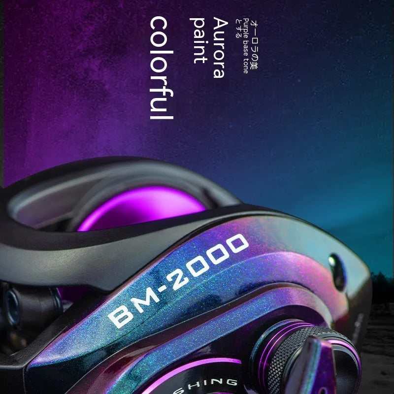 BM2000 fishing reel with water drop design and colourful finish showing magnetic brake system