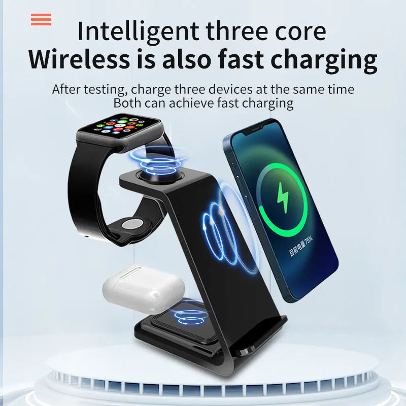 White upright wireless phone charger with dual-coil charging surface and QC3.0 fast charging support