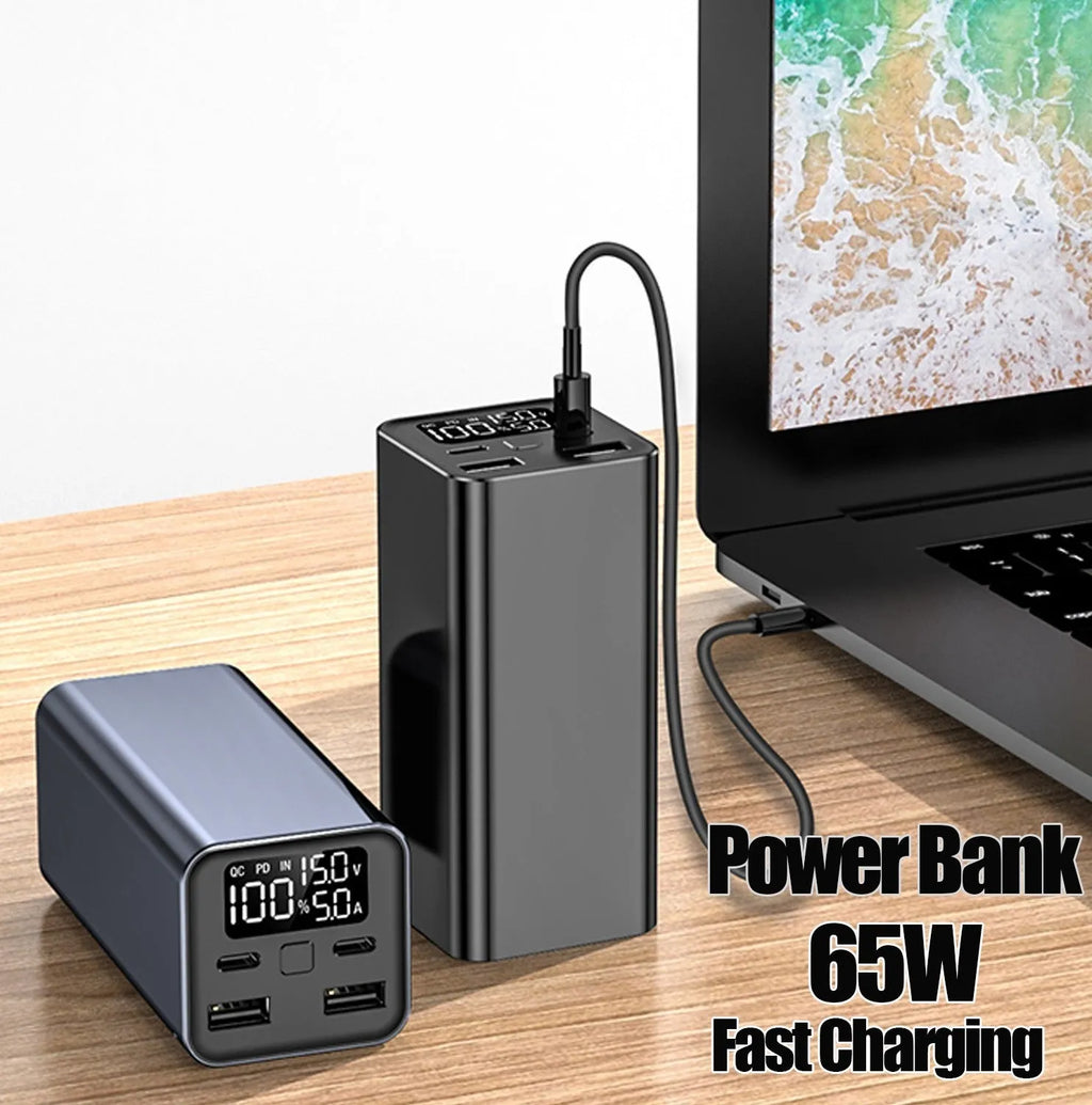 65W high power laptop charging bank with metallic casing showing USB-C port and capacity indicator