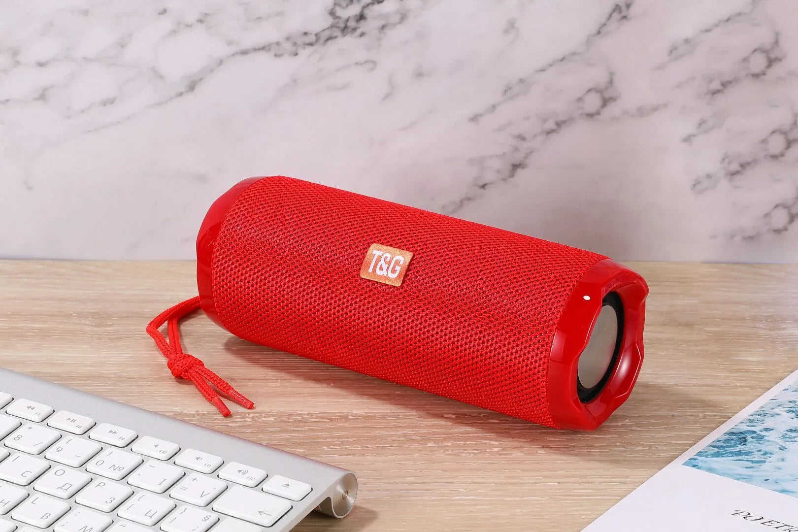 Portable fabric Bluetooth speaker with card holder in multiple colour options showing dimensions 182 x 73.5 x 69.2 mm