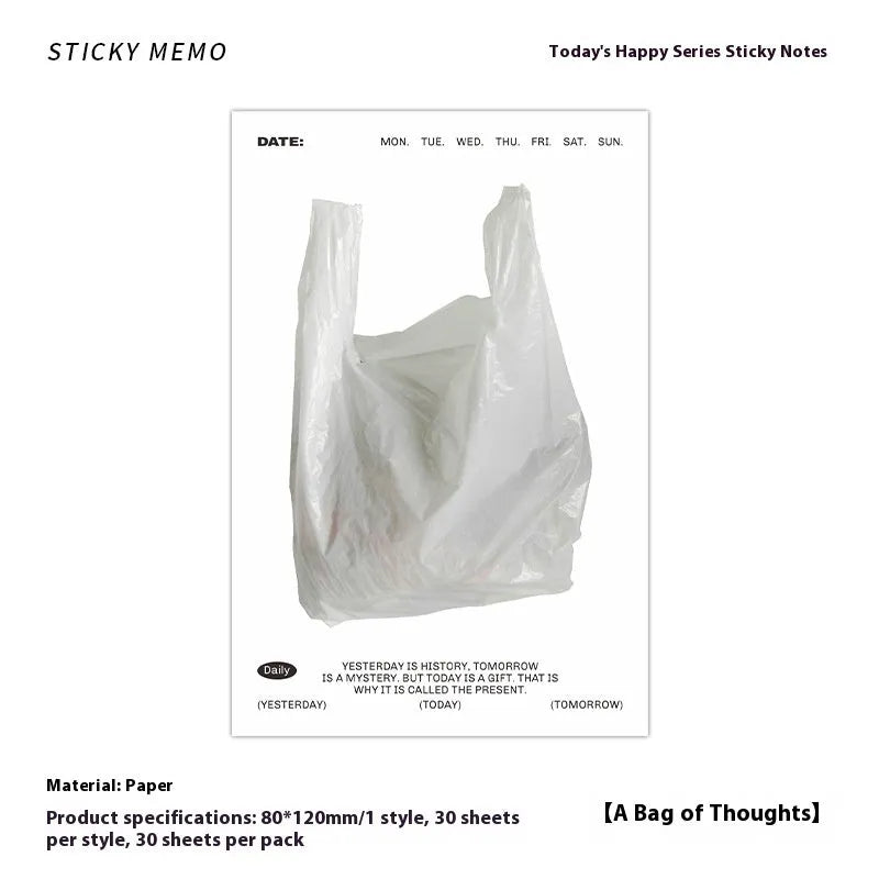 Today's Happy Series memo pad in a choice of colours, showing 120x80mm size and 30 non-adhesive pages.