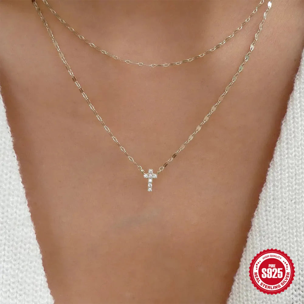 S925 sterling silver double layer twin diamond cross pendant necklace with clavicle chain in gold colour finish