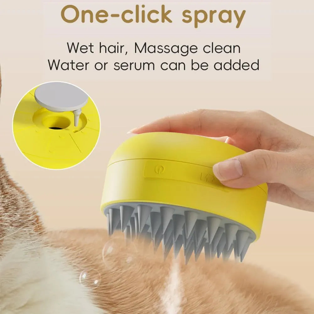 Green and yellow rechargeable steam brush for grooming cats and dogs on a table.