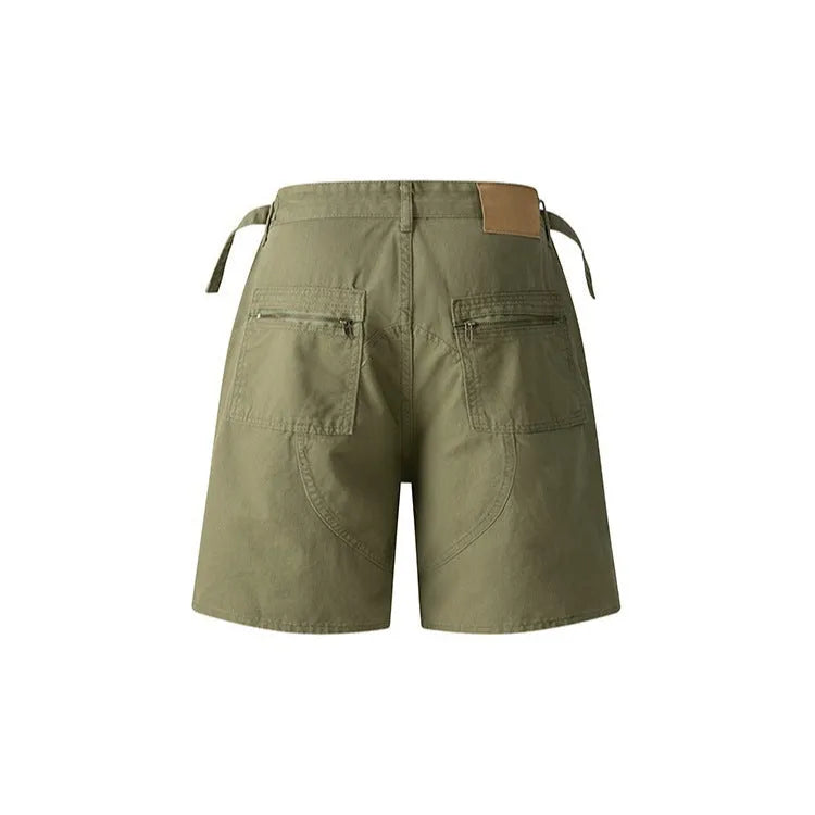 Grey retro-style workwear shorts made from soft washed cotton cloth, featuring a zipper and loose fit.