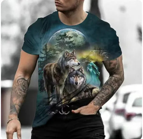 Retro 3D animal print design on a men's light grey short-sleeved T-shirt.