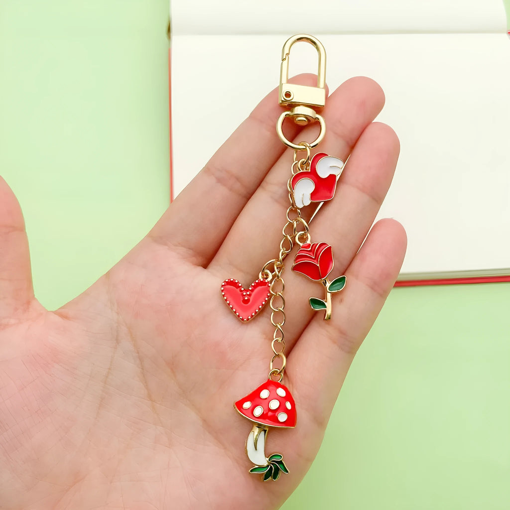 Red mushroom love heart rose heart-shaped alloy keychain with oil drip finish and unicorn pattern