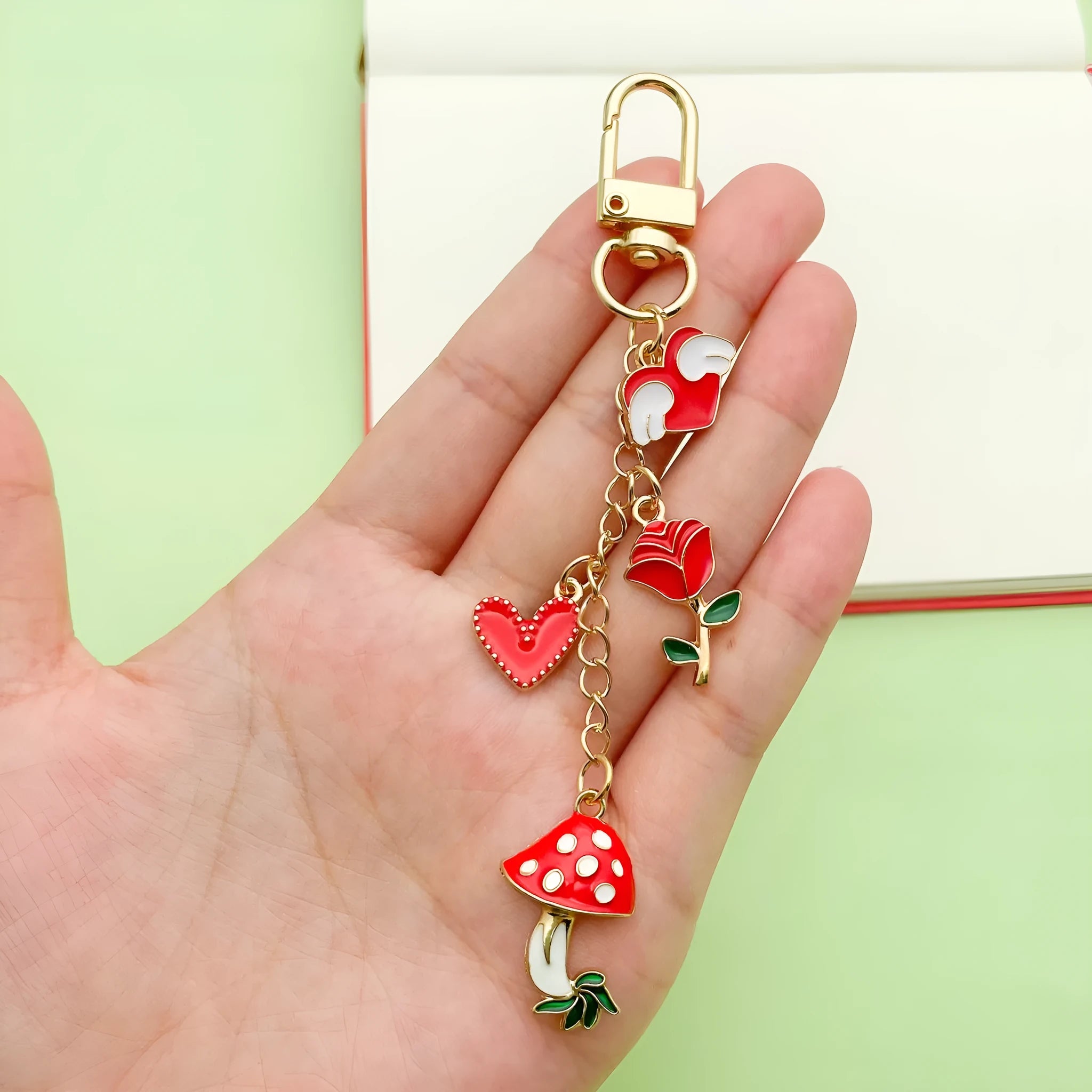 Red mushroom love heart rose heart-shaped alloy keychain with oil drip finish and unicorn pattern