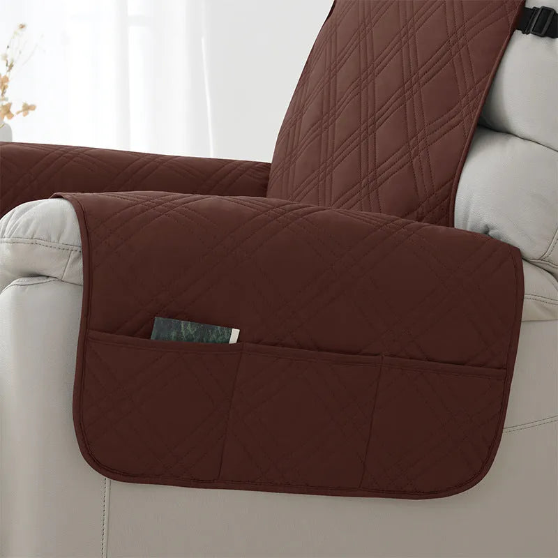 Quilted three-line sofa cover for a Chivas massage chair in peacock blue, showing stretch fit and textured pattern.