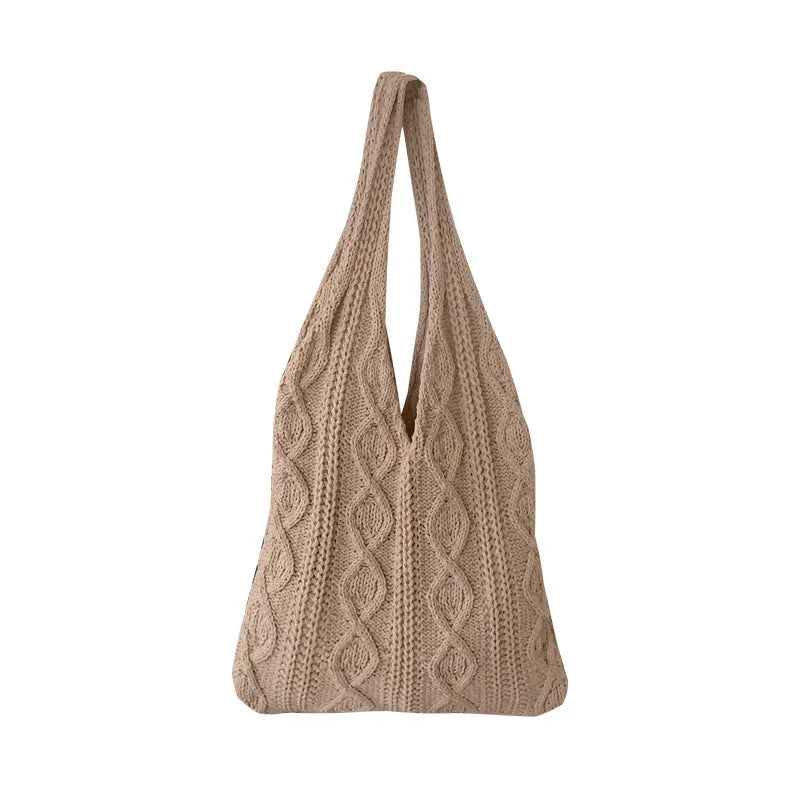 Retro hollow knitted women's shoulder tote bag with double straps in solid colour