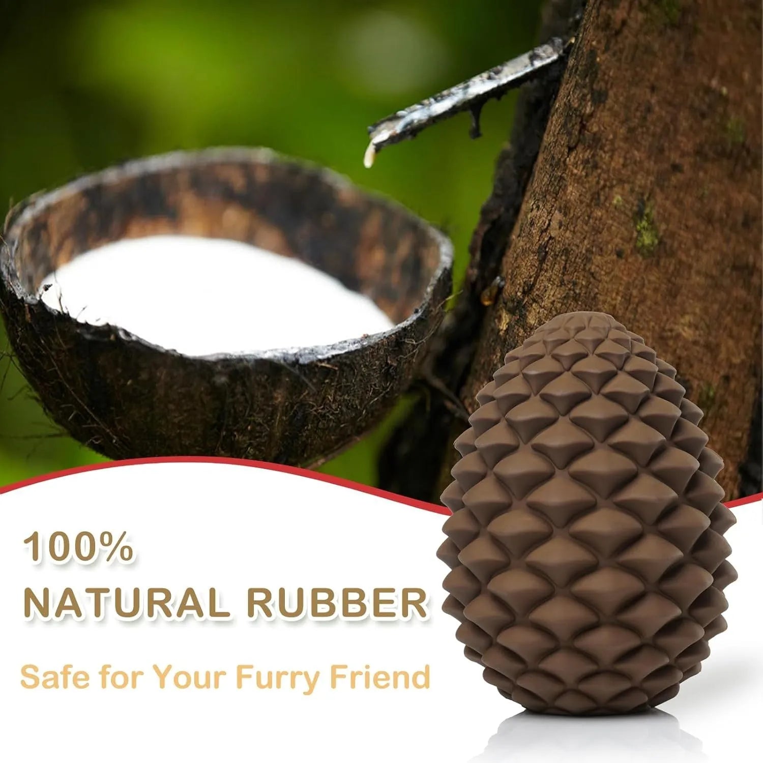 Yellow pine cone shaped tough dog toy made from natural rubber with treat dispenser for large breed dogs.