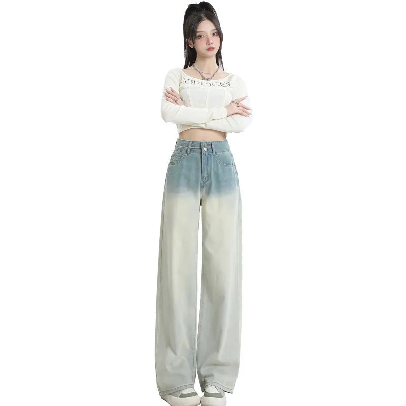 Women's gradient blue straight-leg denim trousers with wide leg cut in cotton blend fabric