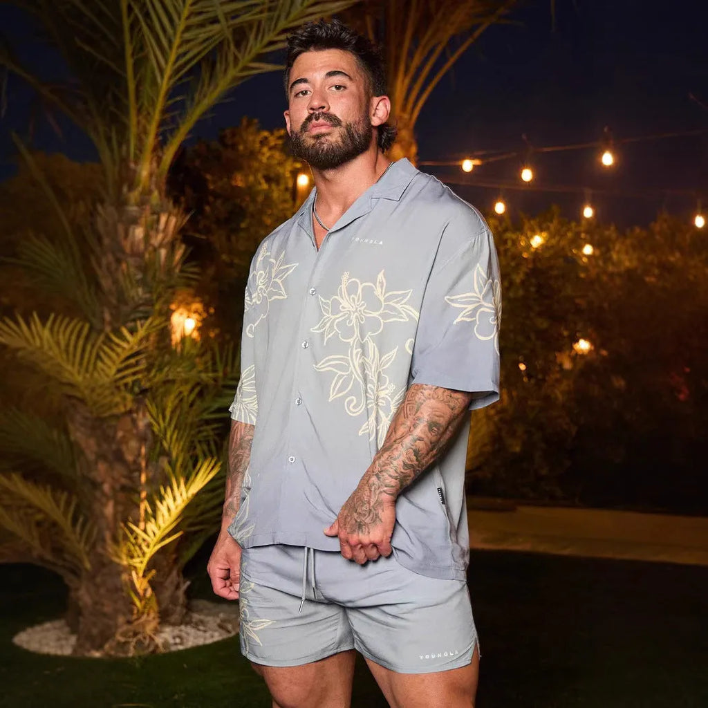 Men's loose fit floral print short sleeve top in polyester fabric shown in beige colour