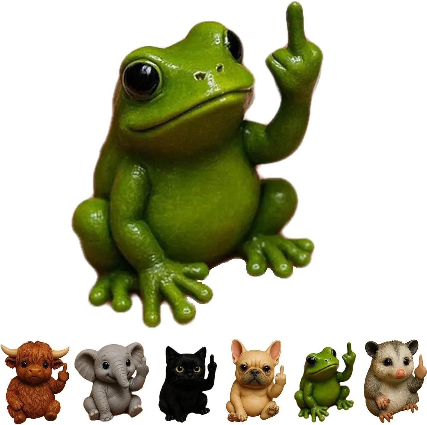 Mini resin animal doll in vertical middle finger pose - available in seven animal designs including cat, dog, elephant, frog, highland cattle, mouse, and turtle