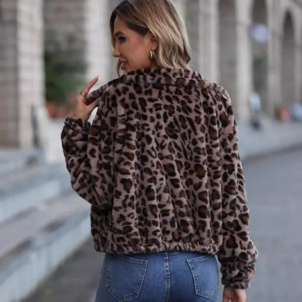 Women's loose fit leopard print coat with rabbit fur plush fabric and full-length zipper