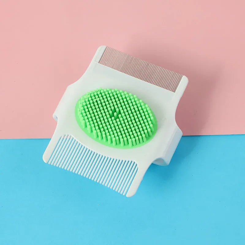 Blue pet grooming comb with floating hair removal feature for dogs and cats