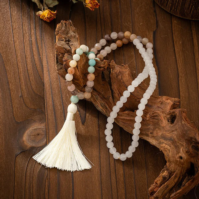 Vintage tassel bohemian beaded chain necklace and matching bracelet in natural stone with electroplated finish