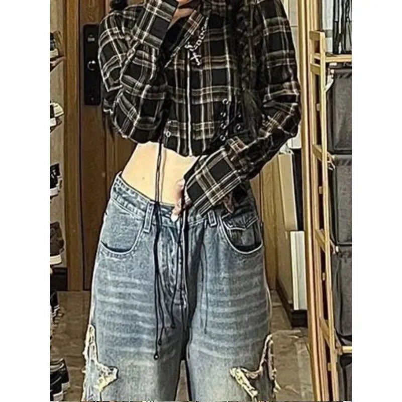 Blue high waist wide leg denim trousers with straight leg design
