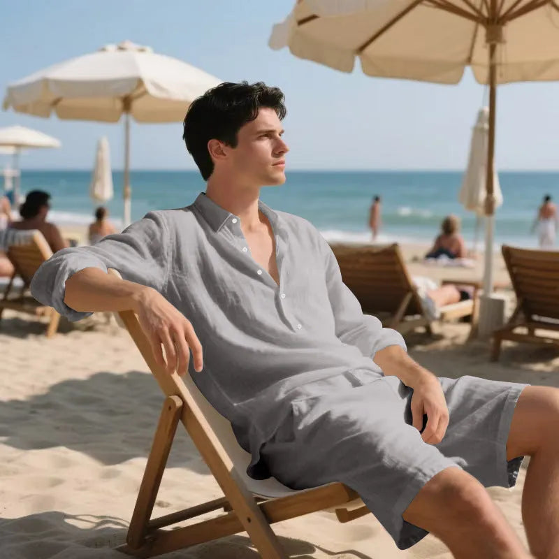 Men's linen shorts suit set showing long sleeve shirt and casual shorts in a light colour