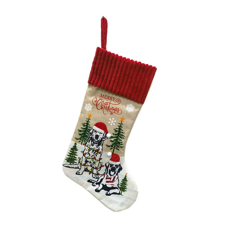 Pet Christmas tree hanging sock with fireplace design in cloth material measuring 46cm by 28cm
