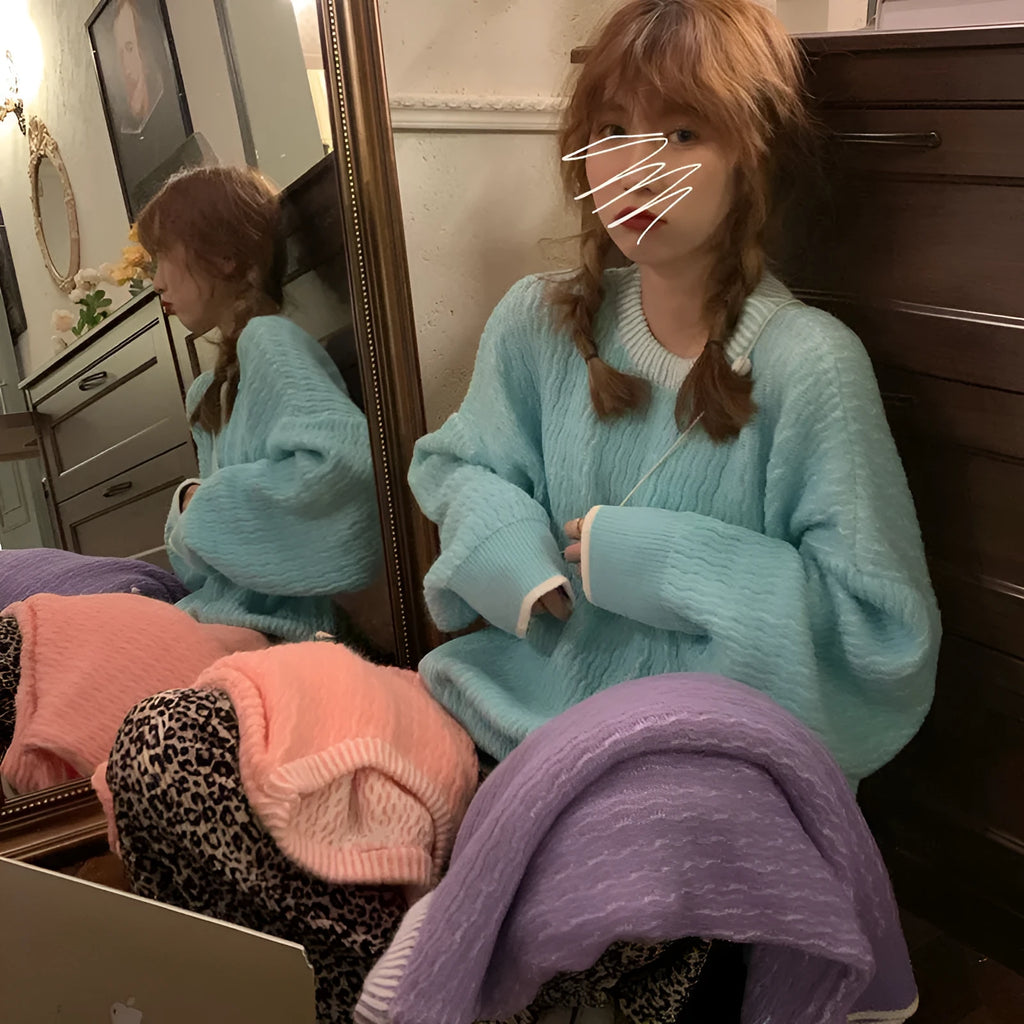Women's loose fit pullover sweater in lake blue, purple, or pink retro colours
