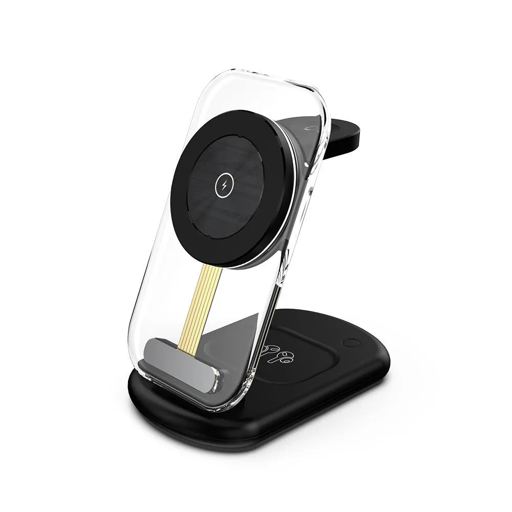 Transparent folding magnetic wireless charger showing three charging areas