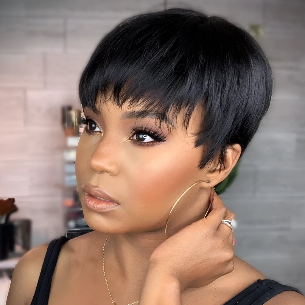Short pixie cut human hair wig with bangs in black for women